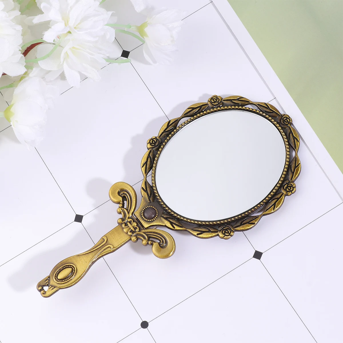 Vintage Folding Small Handle Mini Makeup Mirror Oval Pocket Mirror Bronze Color Travel Supplies for Women Girls
