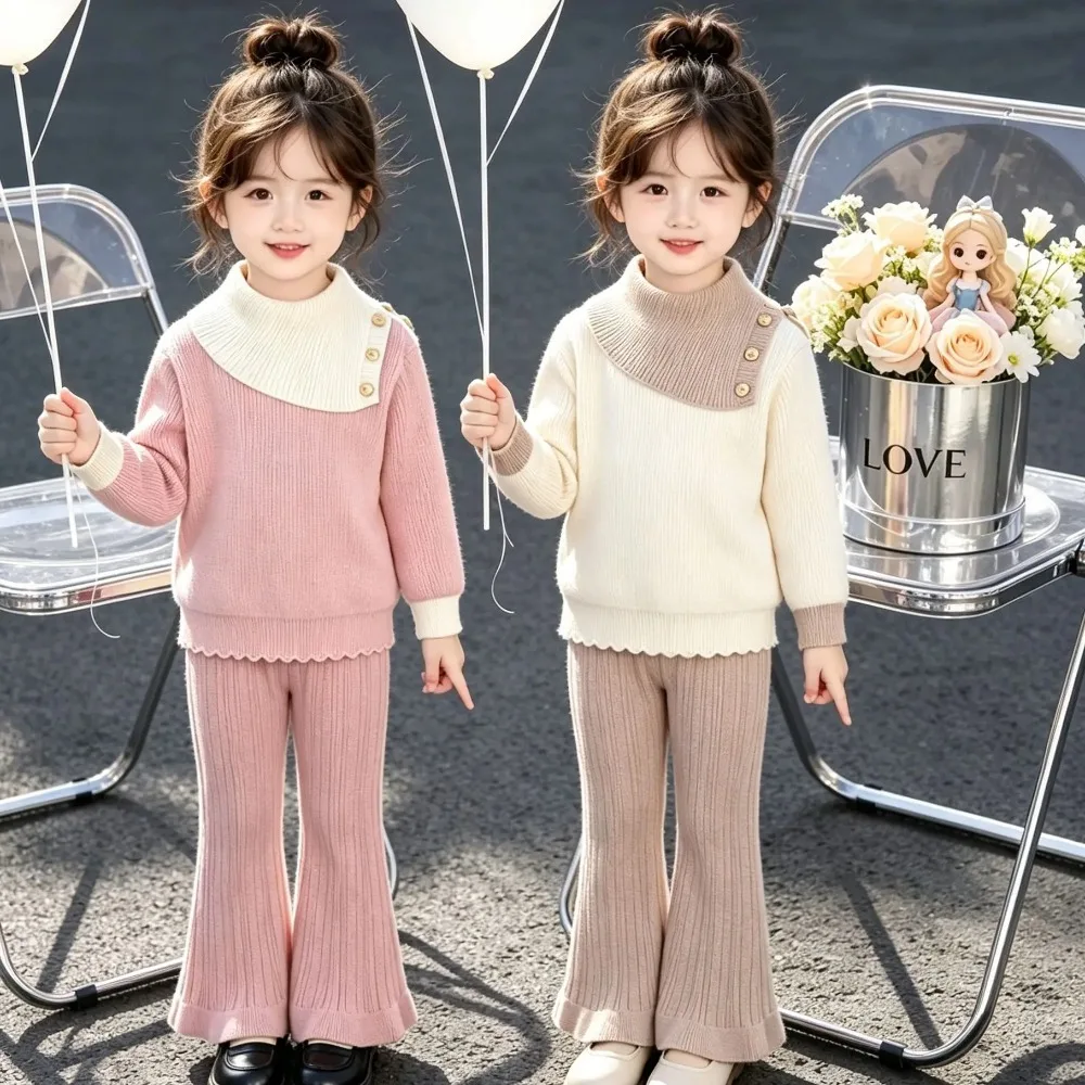 Autumn and Winter New Sweater Girls' Clothing Set Fashion Splicing Collar Long Sleeve Top+Pants Korean Knitted Children's Set