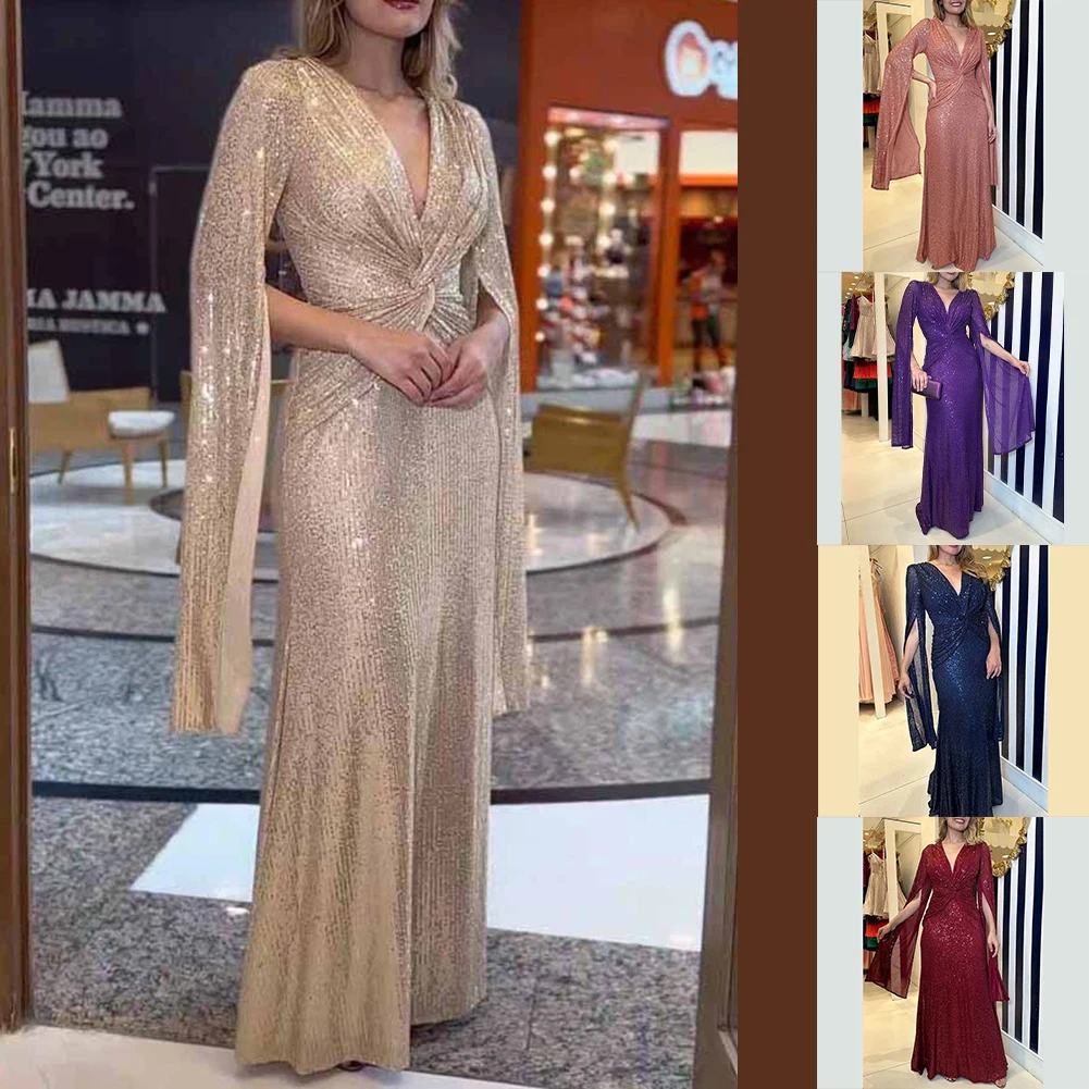 Damska seksowna sukienka maxi z głębokim dekoltem w serek, cekinami, elegancka, długa, modna, damska, seksowna, z drapowanymi rękawami.