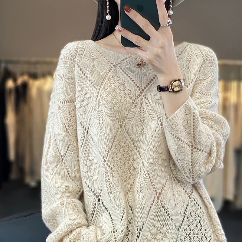 Spring and summer cashmere sweater thin pullover women\'s knitted hollow-out O-neck  women\'s 100% pure wool sweater New products