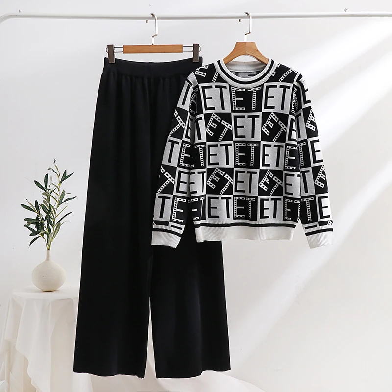 Luxury Brand 2 Piece Women Knitted Suit Loungewear Elegant Knit Pants Set Black White Winter Knitted Two Piece Set Women 2024