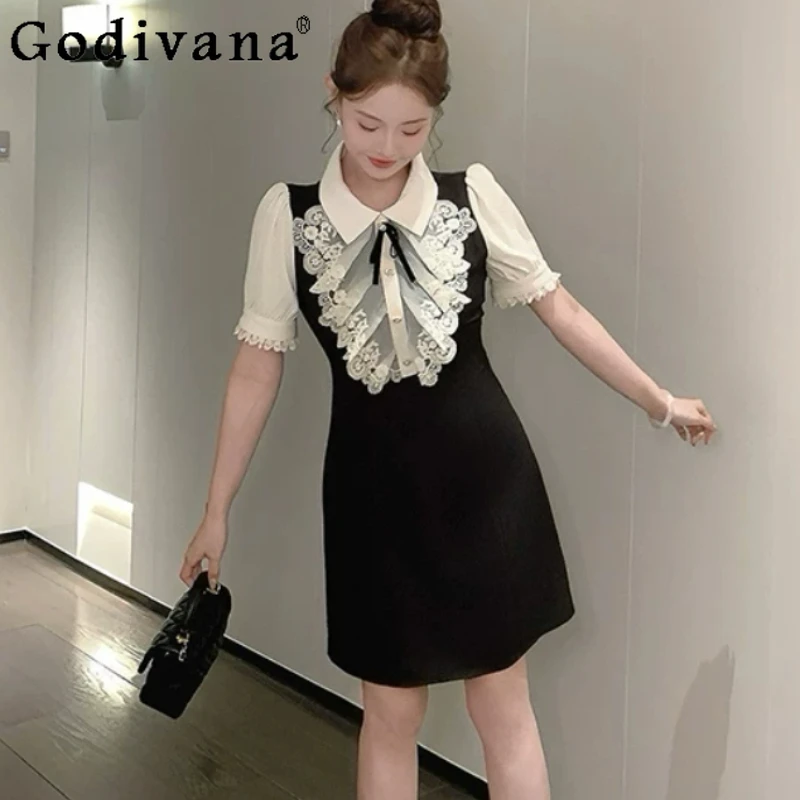 

Large Size Elegant French Lace Splicing Japanese Short Dress Fashion High Waist A-line Age-reducing Girl Short Sleeve Dresses