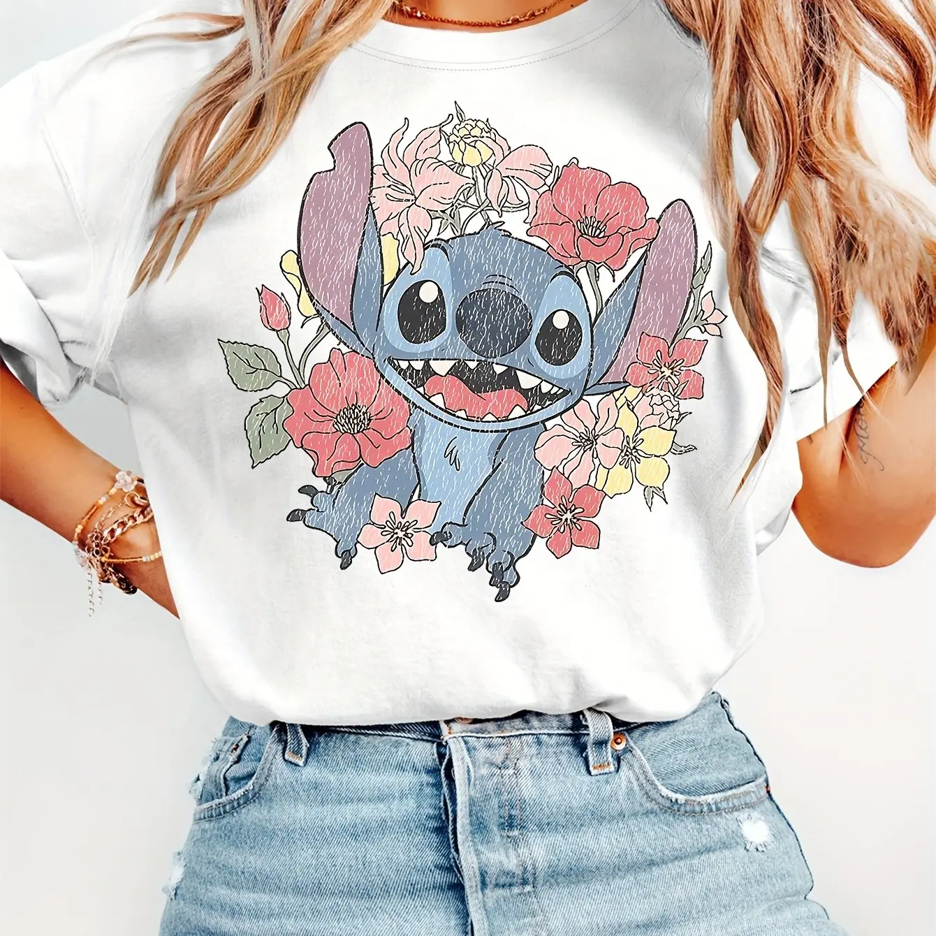 Disney  Stitch Pattern T-Shirt Cotton Men's Women Streetwear Casual Trendy Oversized Loose Short Sleeve Unisex Event Outfit