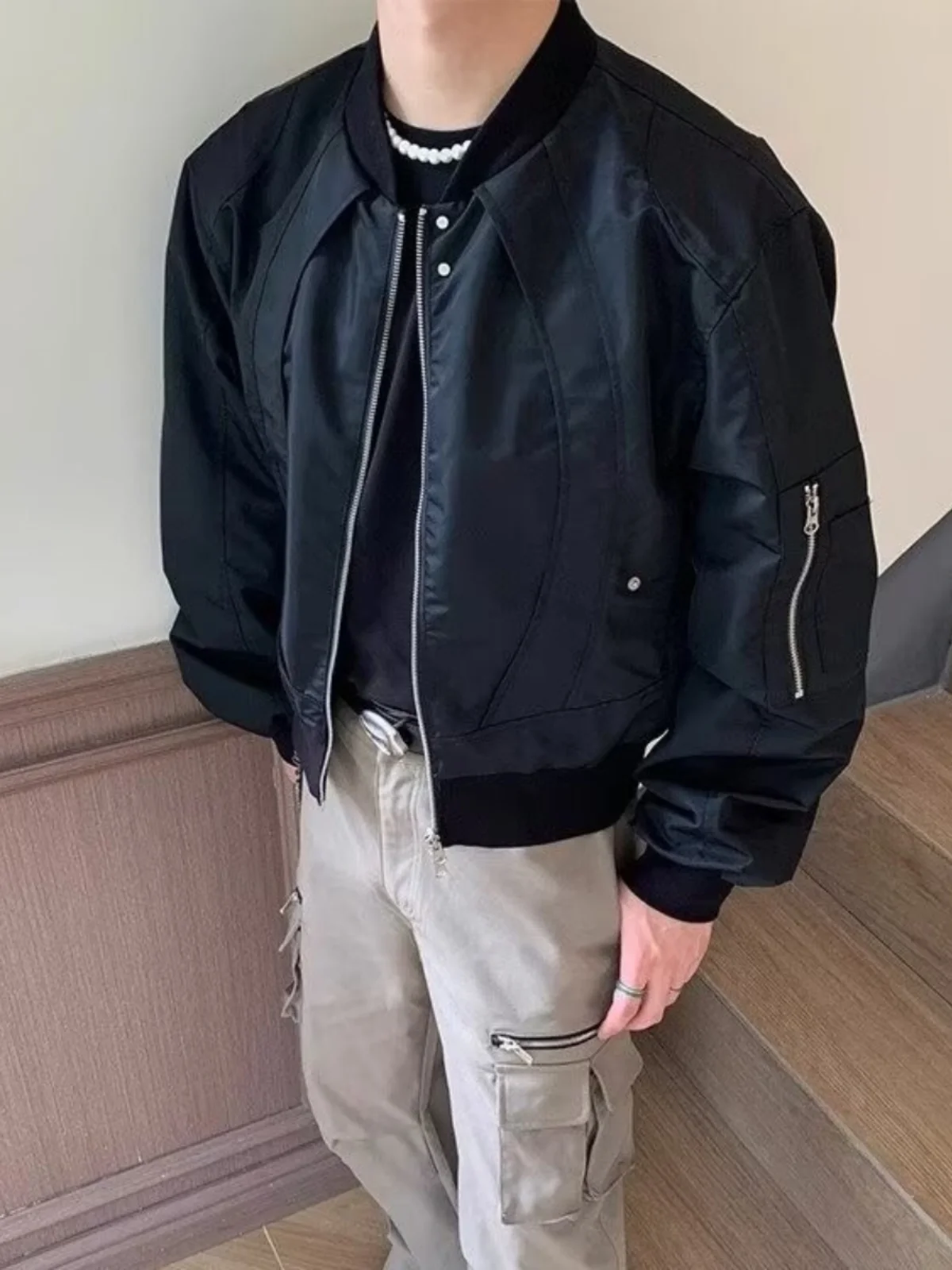 

Spring Autumn ort Deconstructed Jaet Men's Cleanfit Trendy Baseball Sle Pilot Motorcycle Outerwear Loose Fit Ox Cloth