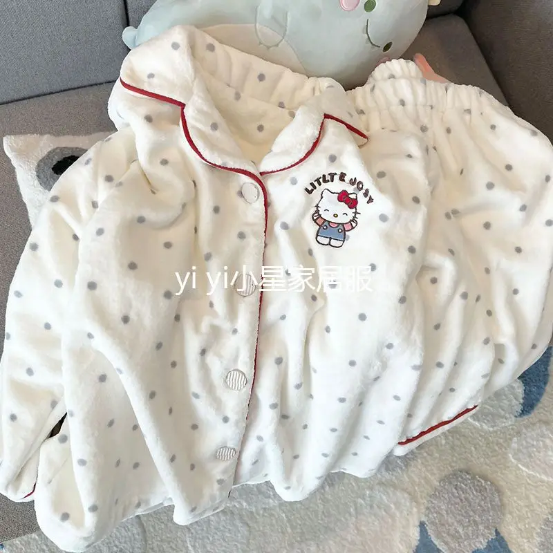 

Kawaii пижамы Hello Kitty, женские осенне-зимние утепленные пижамные костюмы из кораллового флиса с длинными рукавами, милая домашняя одежда с героями мультфильмов, теплая