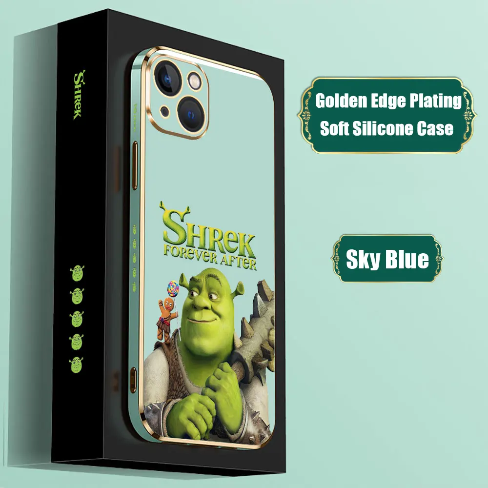 Funny Movie Shrek Anime Funda For iPhone 15 14 Pro Max 13 12 Mini 11 7 8 Pro XSMax XR SE Phone Case Luxury Golden Plating Cover