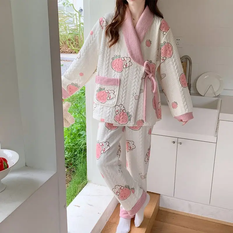 Pijamas de algodón para mujer, nuevo modelo de otoño e invierno, ropa de dormir cómoda, conjunto de pijama bonito de manga larga, traje para casa grueso de conejo