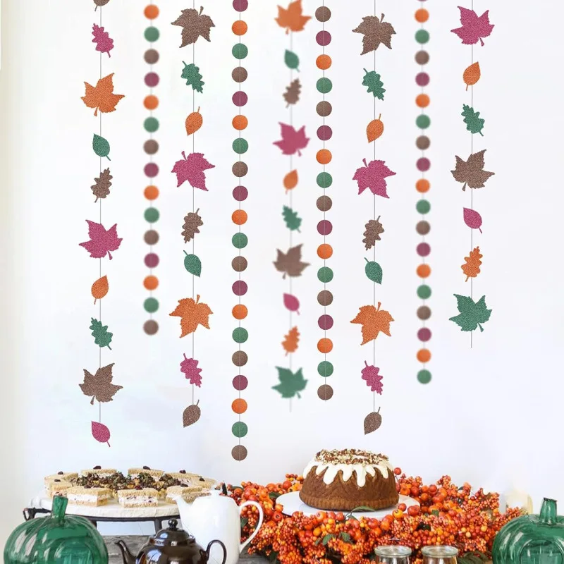 26ft Orange Burgundy Emerald Fall Leaf Circle Dots Garlands Hanging Banner Backdrop Wedding Birthday Thanksgiving Party Supplies