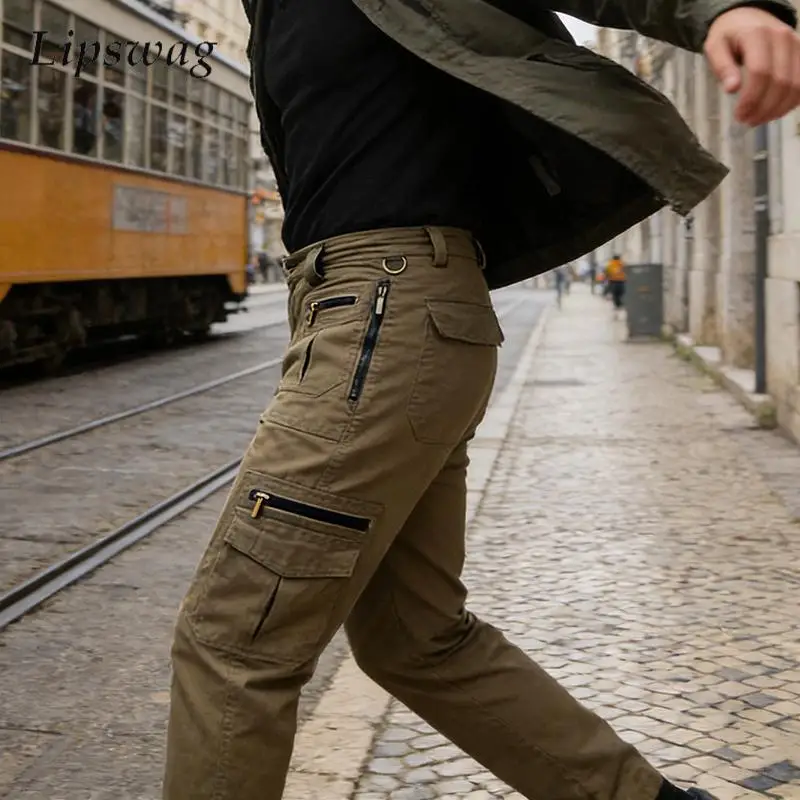 

Мужские повседневные брюки карго, стильные, с множеством карманов, на молнии, прямые, весна 2026, винтажные, однотонные, уличная мода
