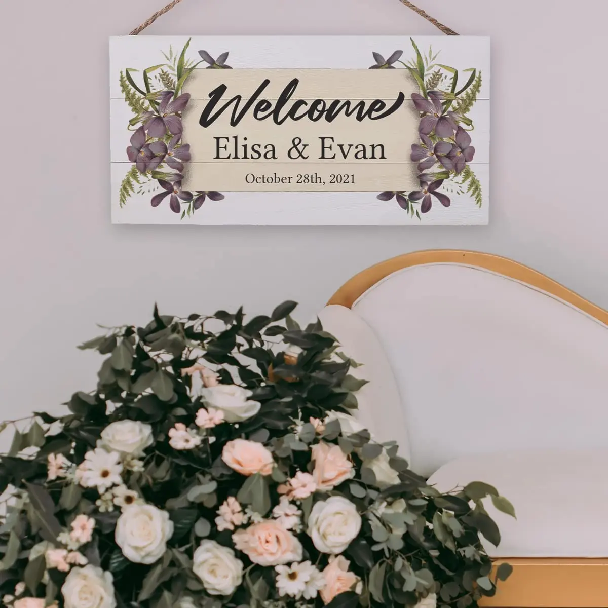 Brands Personalized Wedding Welcome Sign for Reception Decor - Custom Names Wooden Plank Floral Decor Sign (13.75 x 7)