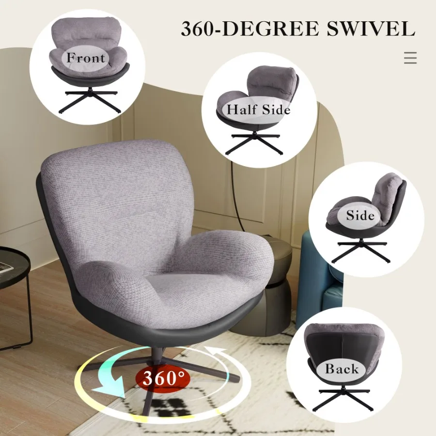 360° Swivel Accent Chair Modern Chenille Lounge Chair with Faux Leather and Black Metal Base Frame Comfortable Reading Chair fo