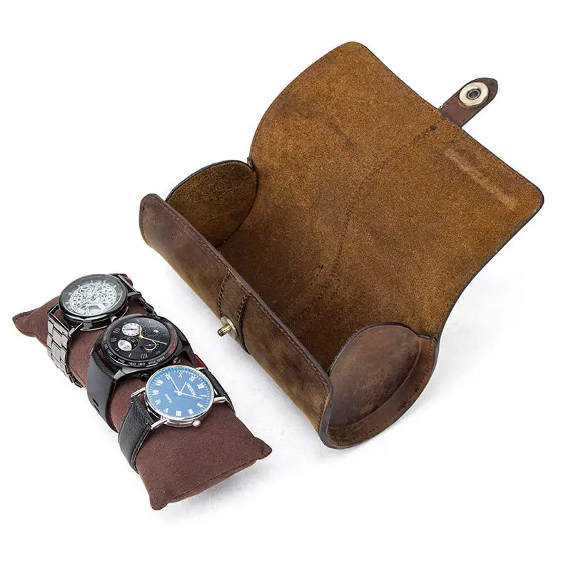 Classic Coffee Suede Genuine Leather Travel Watch Case Roll Organizer CF1117-for 3-Watch Roll Case Bracelets
