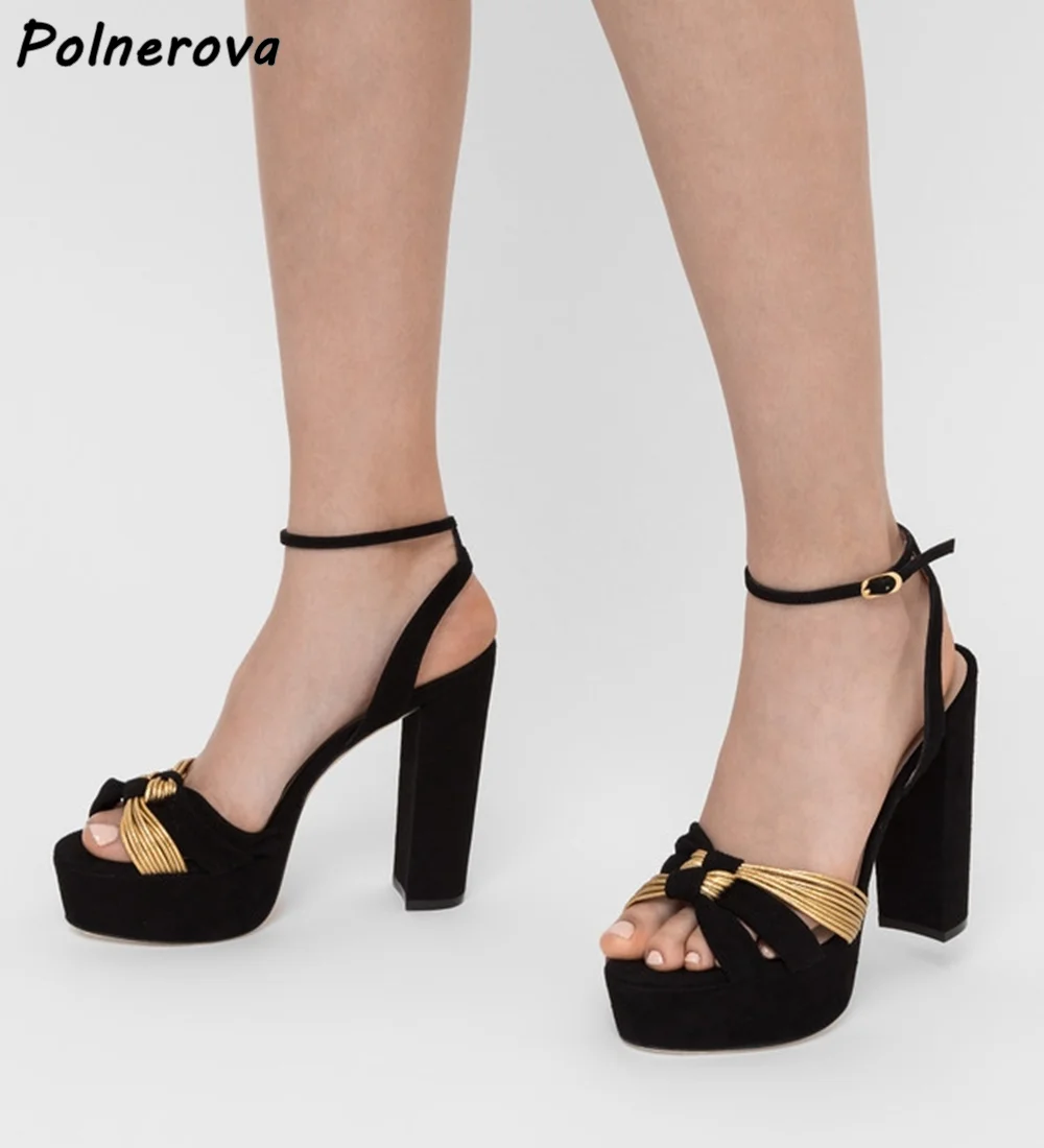 

Black Gold Sandals Narrow Band Twist Platform Chunky Heels Ankle Band Buckle Strap Shoes Sexy Chic Style Concise Outdoor Shoes