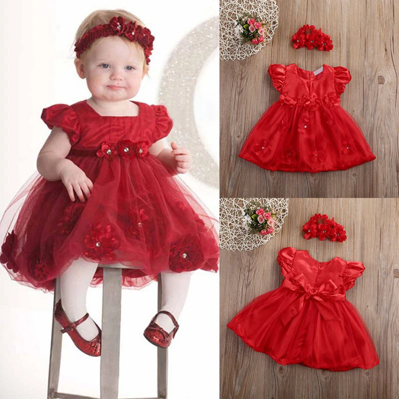 Newborn Baby Girls Dress Wedding Party Princess Dress With Headband Red Puff Sleeve Lace Bow Flower Summer Red Elegant Skirt