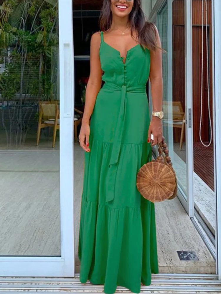 Moda damska dekolt w serek Spaghetti sukienka na ramiączkach damska letnia Boho bez rękawów elegancka dama Casual Maxi sukienki na plażę nowość