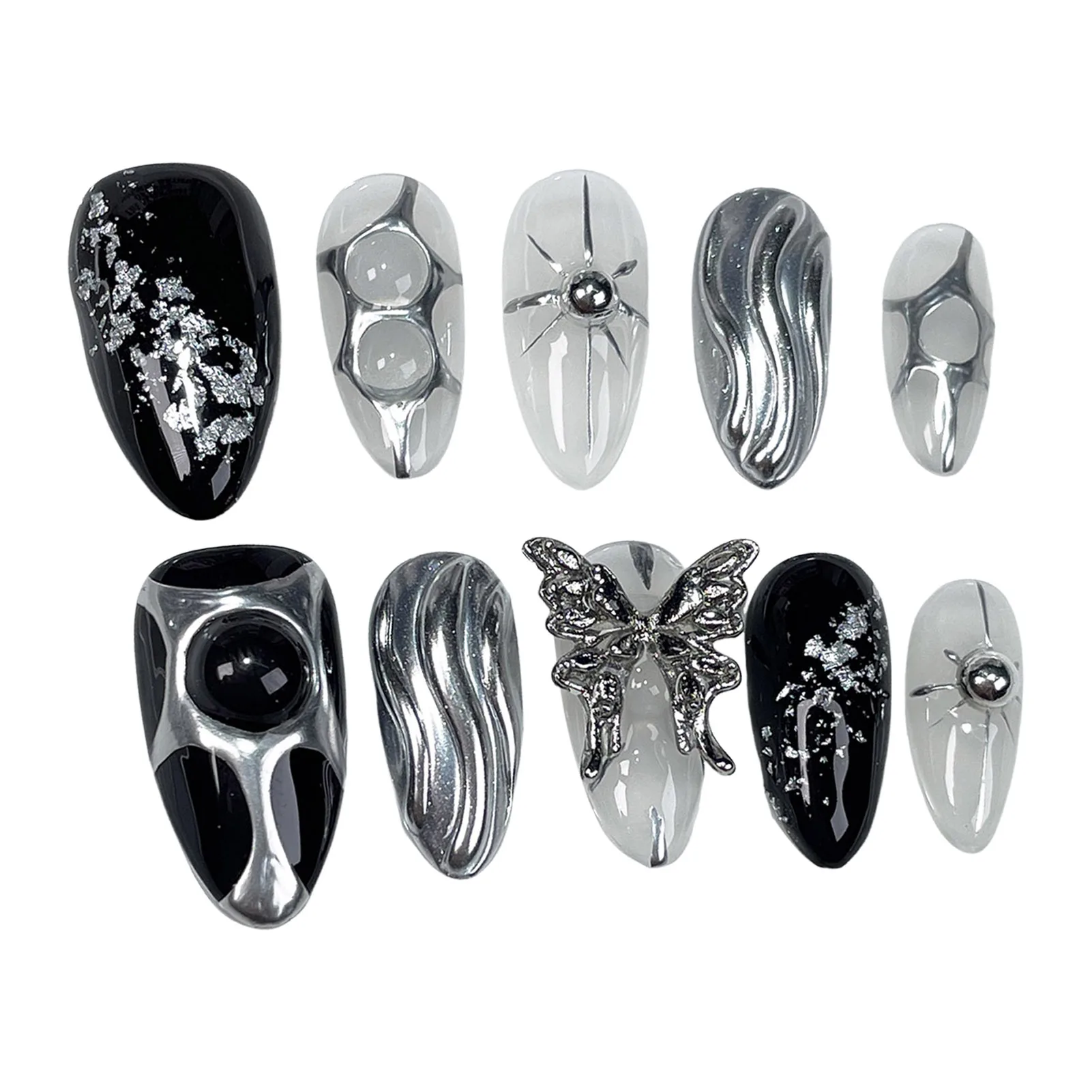 أظافر يدوية الضغط على الأظافر ، معدن ثقيل ، أسود ، فضي ، مرسوم يدويًا ، أظافر صناعية لوزية بتصميم فراشة ثلاثي الأبعاد ، أظافر اصطناعية بسيطة