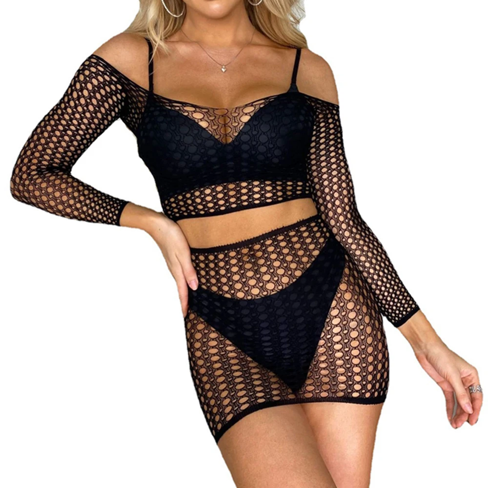 Mesh Hollow Out Long Sleeve Two Piece Beach Cover Up Sets For Women's Black Elastic Hot Lingerie Costumes Beach Fishnet Clothing