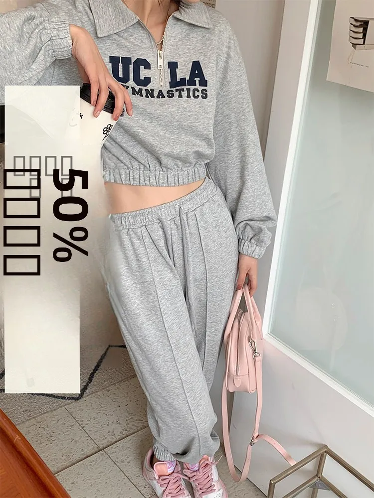 

Повседневный комплект из двух предметов: толстовка с длинным рукавом и брюки для женщин, бренд Yang Bubble, хлопок, с молнией