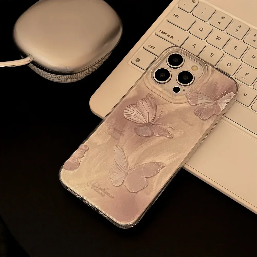 Ins Style Pink Purple Gradient Butterfly Phone Case for IPhone16 15 14 12 13 11 Pro ProMax Plus X XR Shockproof Phone Cover