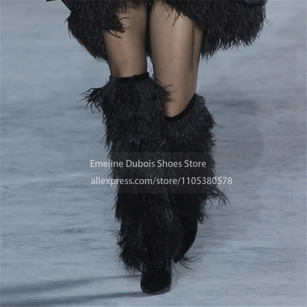Black Feather Furry Pointed Toe Stiletto Thigh High Boots Pull on High Heel Women Over the Knee Boot Nightclub Party Runway Show