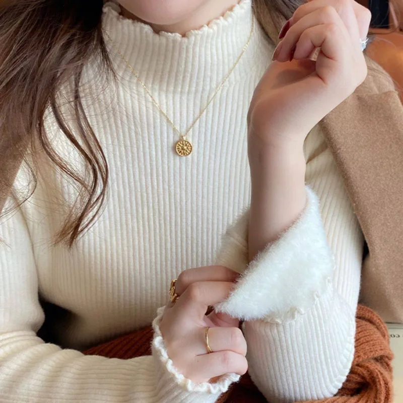 

Новый вязаный свитер на флисовой подкладке, женские пуловеры с длинным рукавом, трикотажные изделия с воротником-стойкой, вязаный свитер, пуловер, женские топы, свитера Q2831