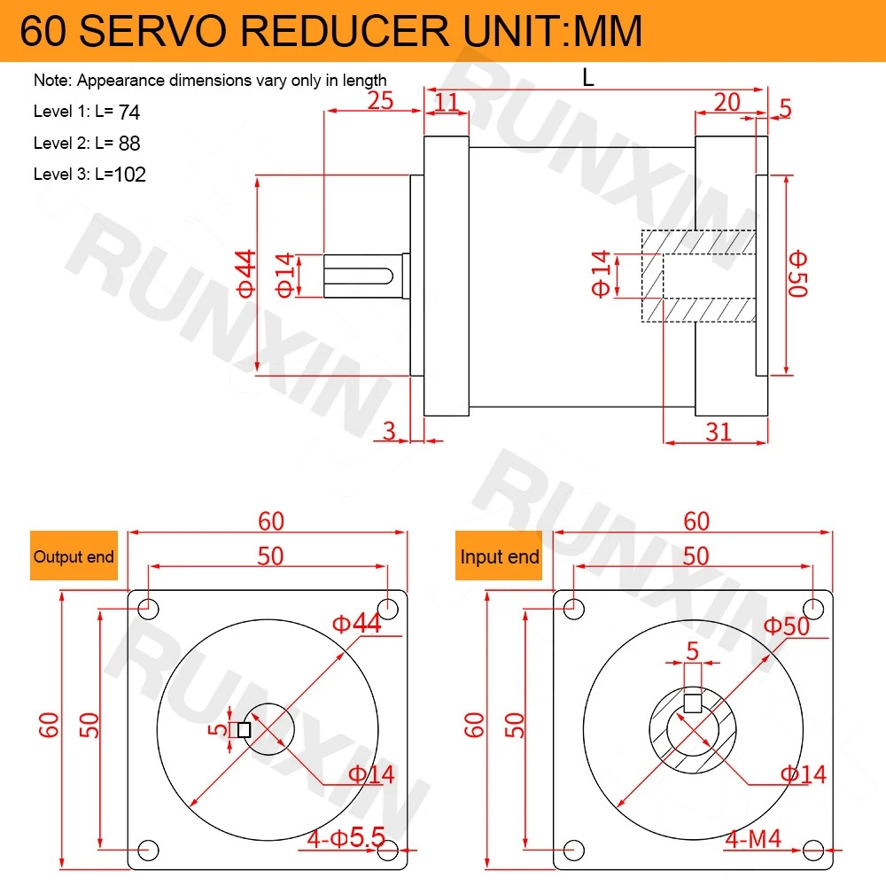 PX60 Planetary Reducer Gear Reducer Ratio 36/64/96/100/144/216 14mm Output 14mm Input Shaft 14mm For 60 Servo Motor Max 50N.m