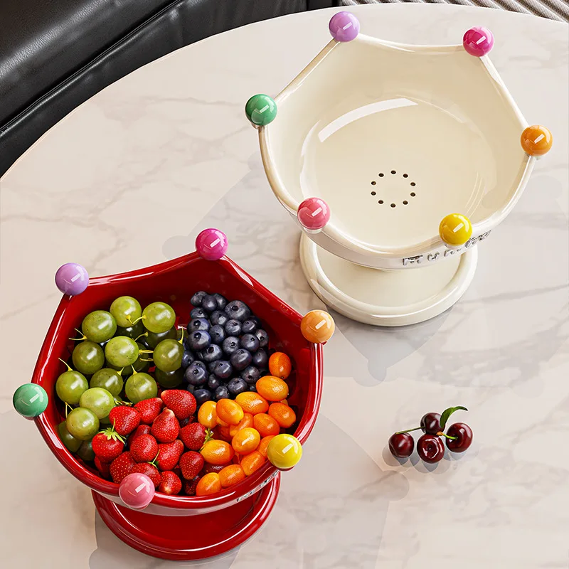 Dopamine Fruit Plate Living Room Double-Layered High-Tall Drainage Pan Home Creative Decor Item Snack and Candy Display Plate
