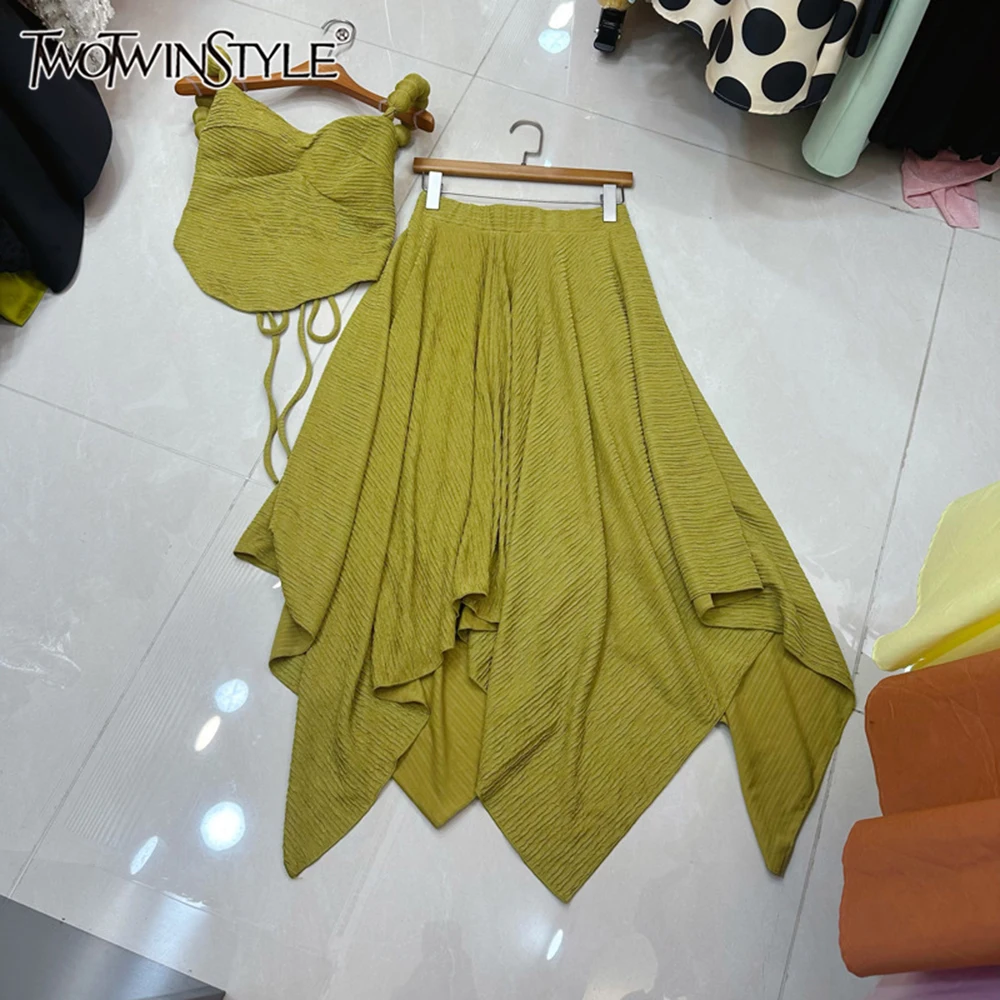 

TWOTWINSTYLE Temperament Solid Dresses For Women Square Collar Sleeveless High Waist Casual Draped Dress Female New KDR550448