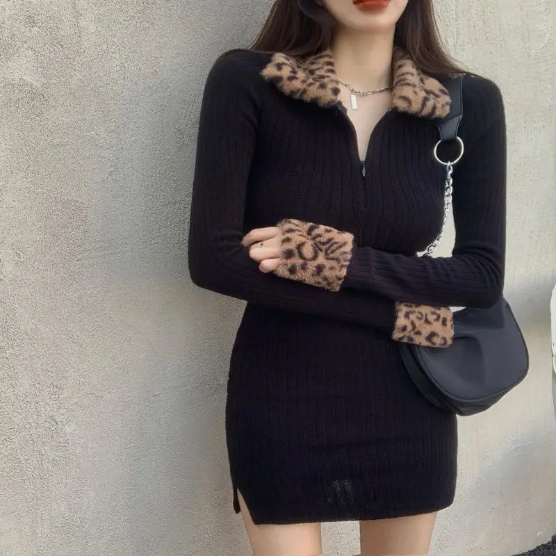 

Leopard Stitch Lapel Knit Dress High Street Ladies Autumn Casual Aesthetic Sexy Mini Tunic A-Line Korean Style Package Hip Retro