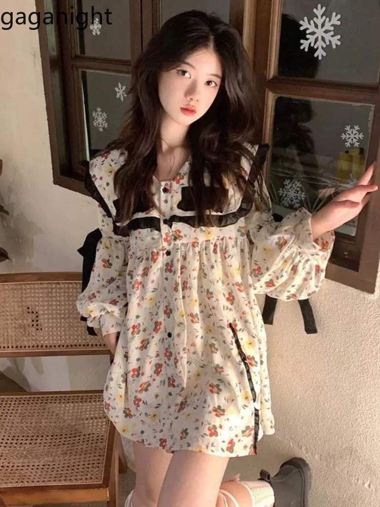 

Gaganight Floral Printed Dresses Women Ruffles Lace Up Spring Summer Sweet Puff Long Sleeve Mini Dress Loose Female Casual