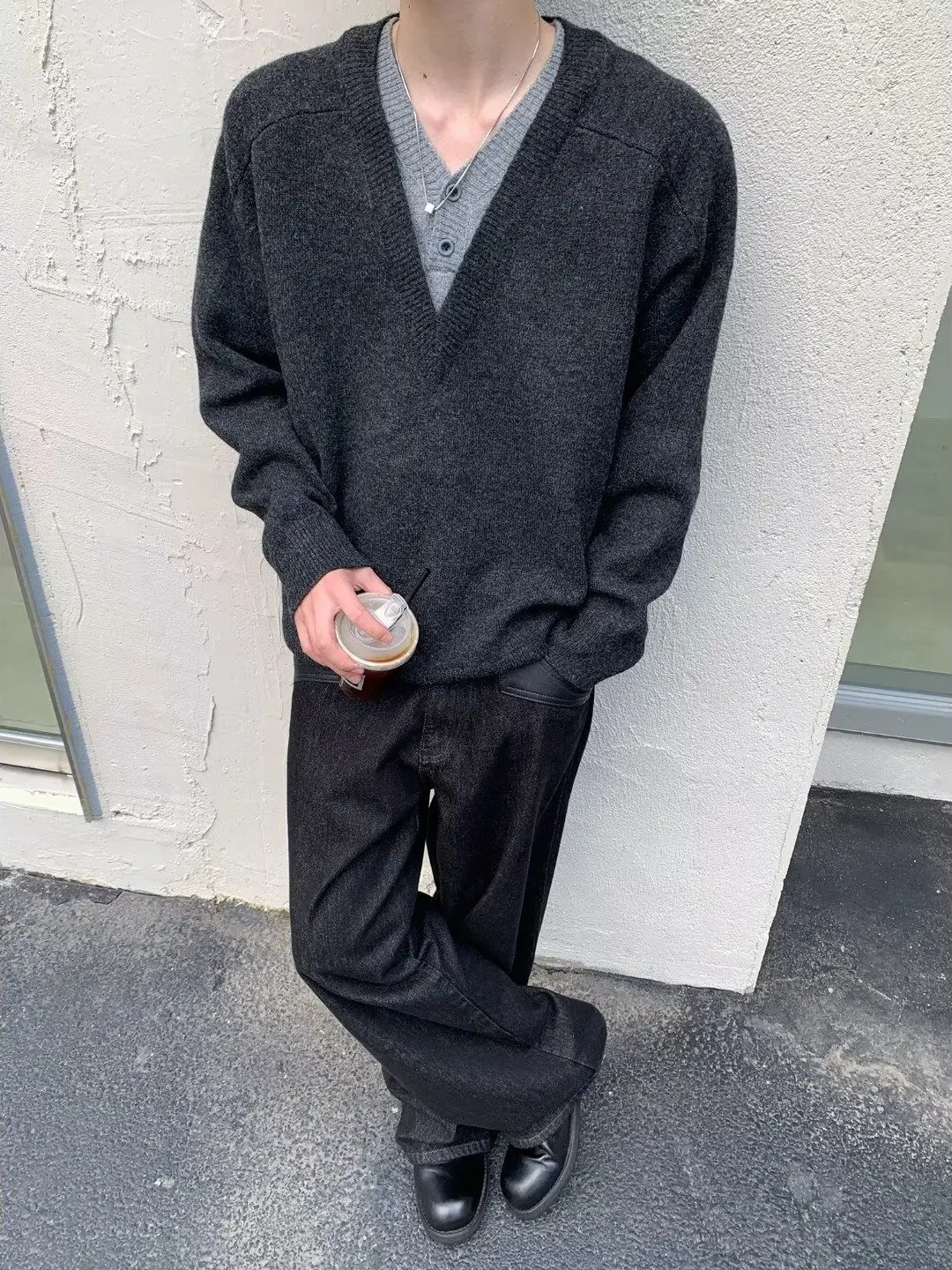 

Autumn V-Ne Knitted Sweater Men Women Lazy Sle Pure Color Versatile Overhead Inner Couple Sweater Trendy Long Sve