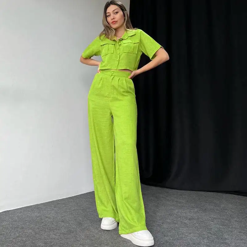 

Faionable ort Sve Two-Piece Set Women's Summer Outfit Long Pants Commute Sle Polyester Fabric Pure Color Design