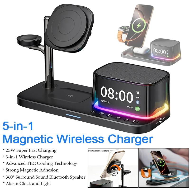 25W Magnetic Charger Bluetooth Speaker 5 in 1 Wireless Charger Stand with Clock Compatible with Apple, Samsung Phones & Watches