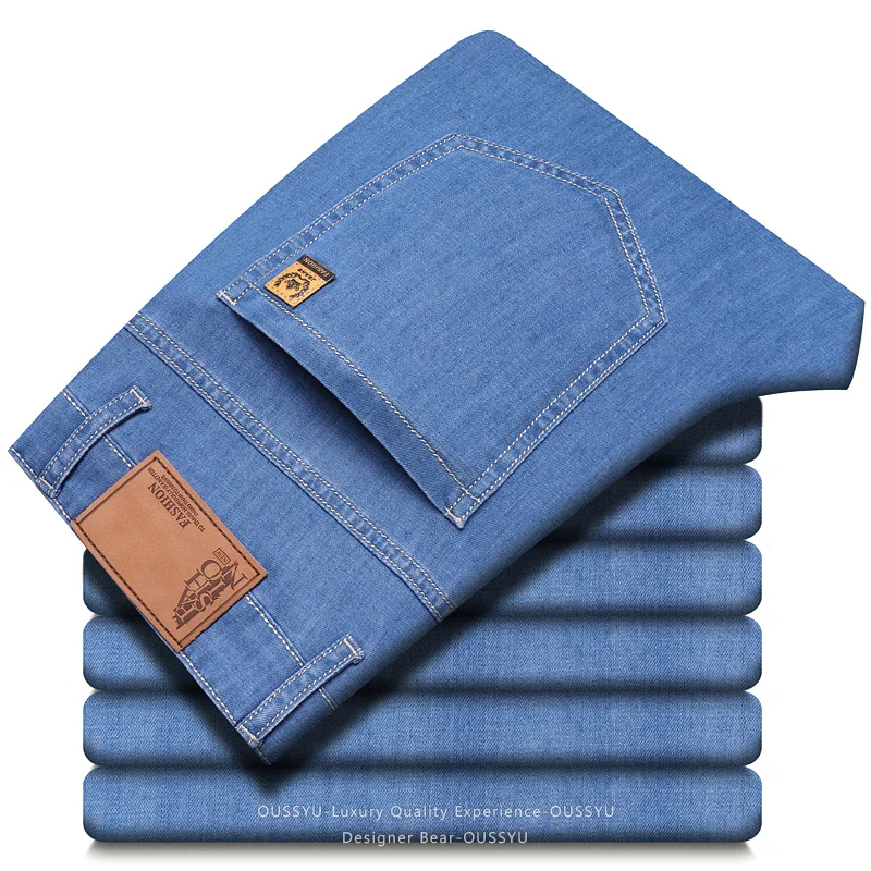 2026 Spring Summer Thin Men's Light Blue Straight Slim Jeans Stylish Casual Stretch Denim Pants Classic Trousers Man Plus Size40