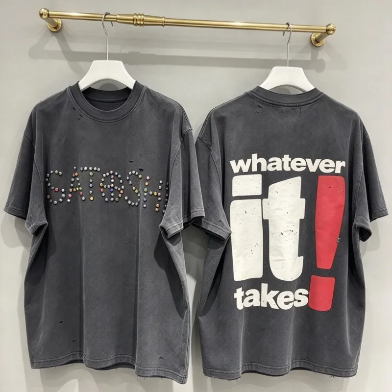 Whatever It Takes Logo Summer Men Women Black SATOSHI Tshirts Vintage Distressed Washed Worn Colorful Rivet Short Sleeve Tee
