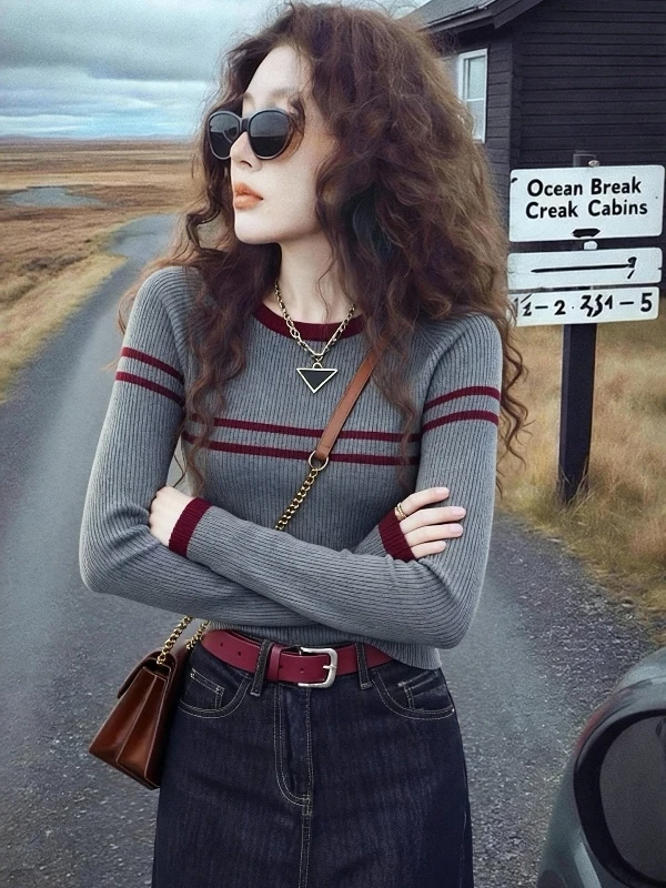 

Color Blo Striped round Ne Long Sve Knitted Sweater Women's Autumn Winter Slim Fit Casual Base irt plus Size Faion