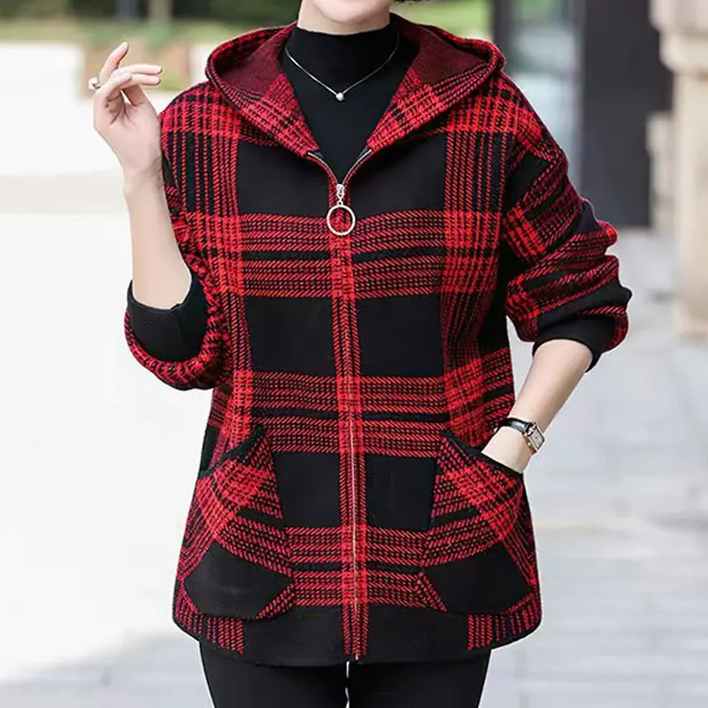 Plaid Zipper Thick Warm Loose Office Lady Simplicity giacche Vintage autunno inverno manica lunga Patchwork Pocket abbigliamento donna