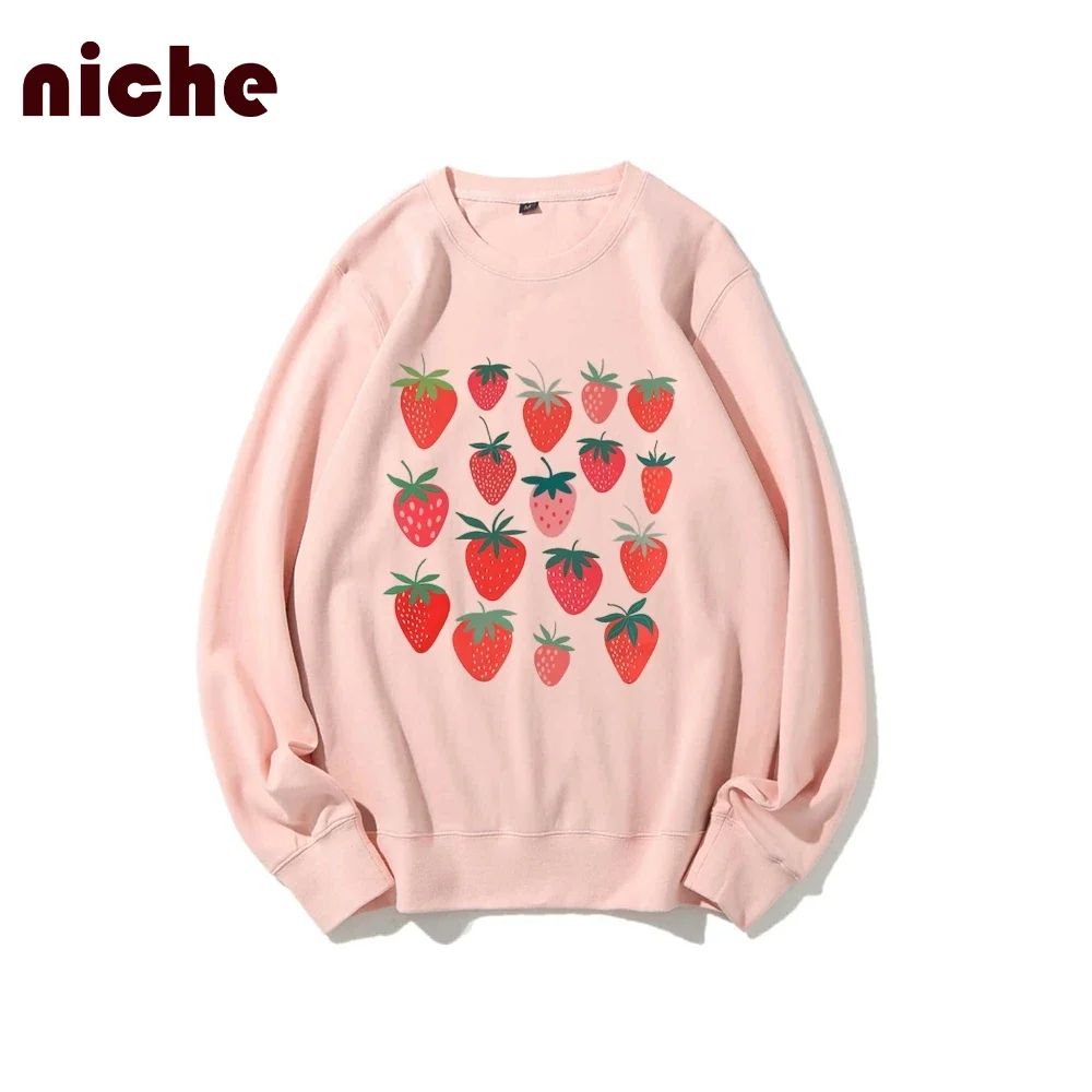 

Color Cartoon Hoodie Y2k Style Strawberry Graphic Printing Loose Shoulder Soft Pure Cotton High Quality Trend New Sweatshirt