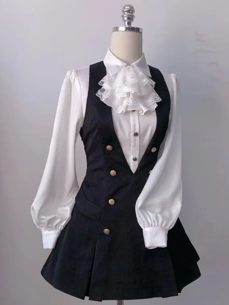 

Комплект в стиле Харадзюку: готический ретро-шик для женщин – рубашка с рукавами-фонариками Y2K + облегающий жилет + короткая многоярусная мини-юбка. Винтажный кавайный комплект из 3 предметов.