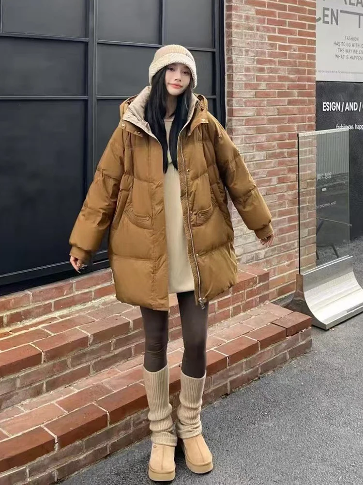 الشتاء فضفاض مقنعين منتصف طول أسفل سترة المرأة الأبيض بطة أسفل الصلبة سستة باركر أبلى الإناث رشاقته الدافئة جيب جاكيتات