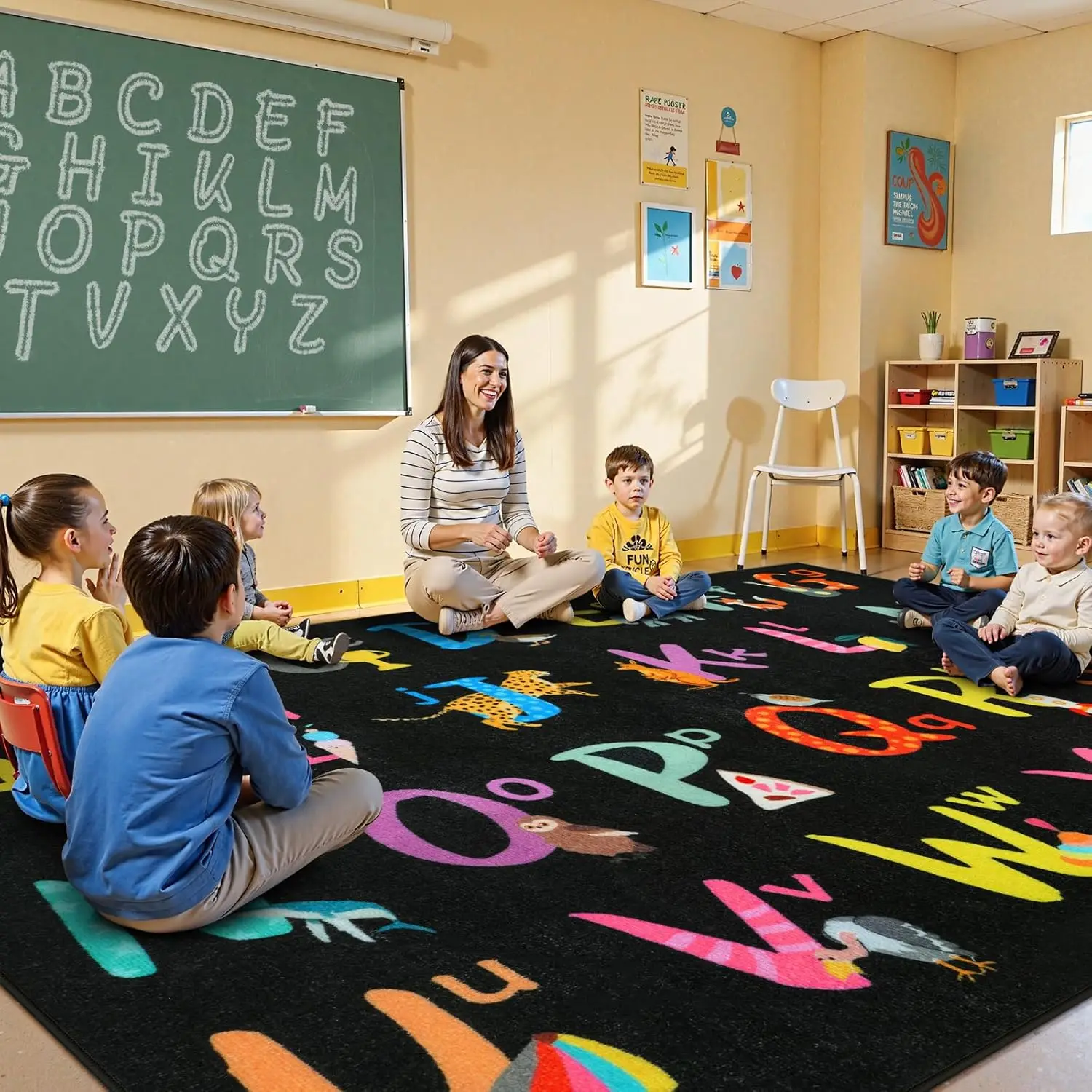 Black ABC Kids Classroom Rug, Washable Alphabet Rug for Classroom Elementary School Learning, Playroom Mat for Daycare