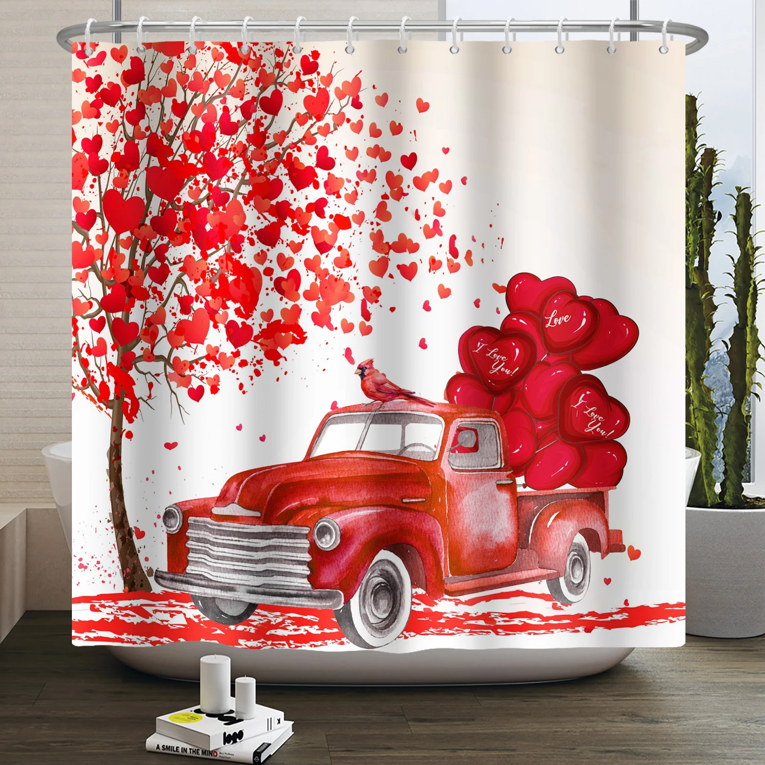 Valentines Day Shower Curtain Spring Romantic Red Love Heart Flower Gnome Couple Pink Truck Balloons Waterproof Bathroom Curtain