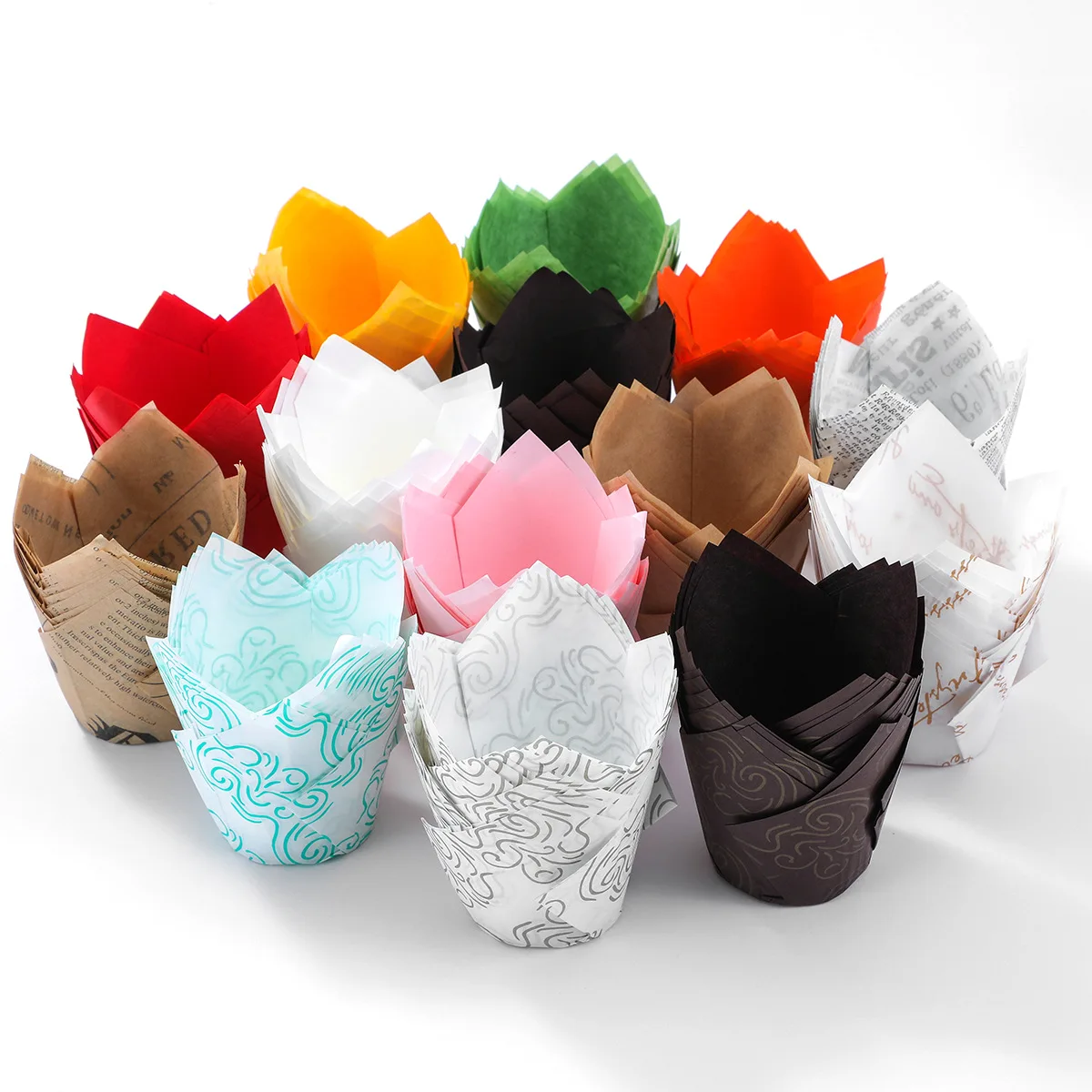 50pcs Tulip Cake Paper Cups Multi-color Cupcake Oil-proof Bread Paper Tray Liner Baking Muffin Box Bakery Kitchen Supplies