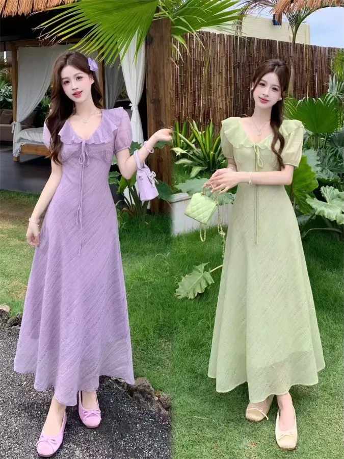 

Summer Gentle Large Size Dress with Bubble Sleeves V-Neck Waist Cinching Long Skirt Soft Fabric A-Line Silhouette Casual Wear