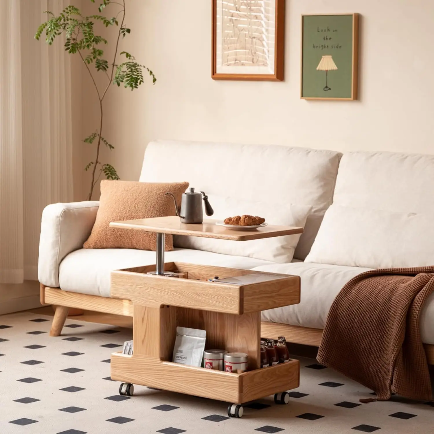 100% Solid Oak Lift Top Coffee Table For Living Room, Small Coffee Table With Rolling Wheels And 360° Rotating Desktop, Wood