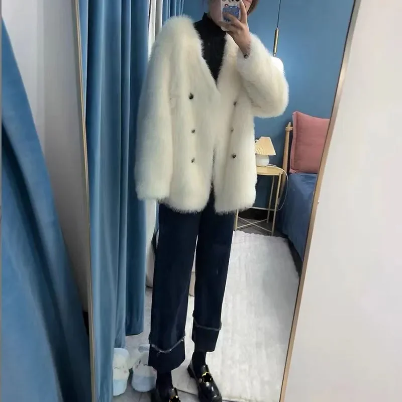 Abrigo de piel de visón con cuello en V para mujer, chaqueta de piel de imitación, respetuoso con el medio ambiente, elegante, cálido, gabardina,