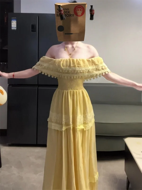 

Элегантное длинное платье А-силуэта, новинка весна-осень, с квадратным вырезом, рукавами-крылышками, завышенной талией и сборками, для женщин