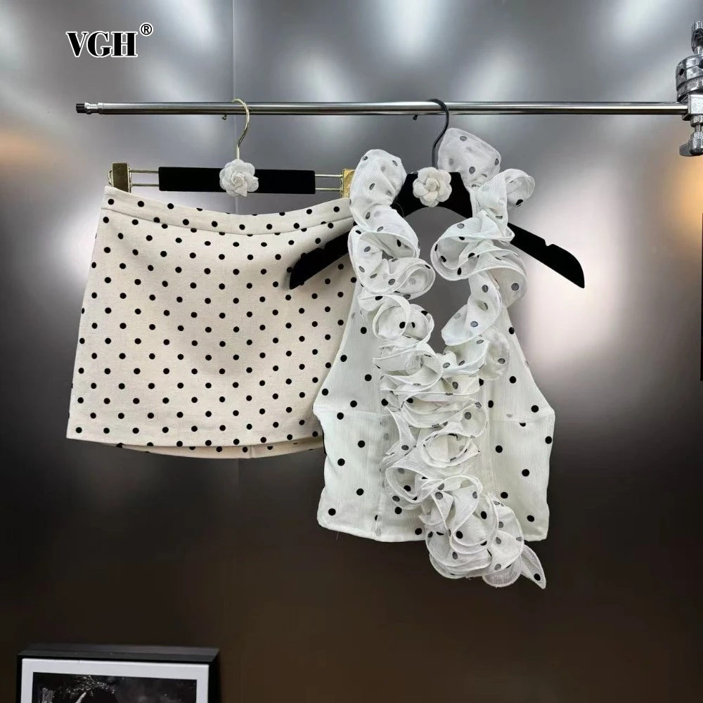 

VGH Dot Printing Two Piece Set for Women Halter Neck Sleeveless Spliced Ruffles Edge Vest Mini Skirt French Fashion Sets Female