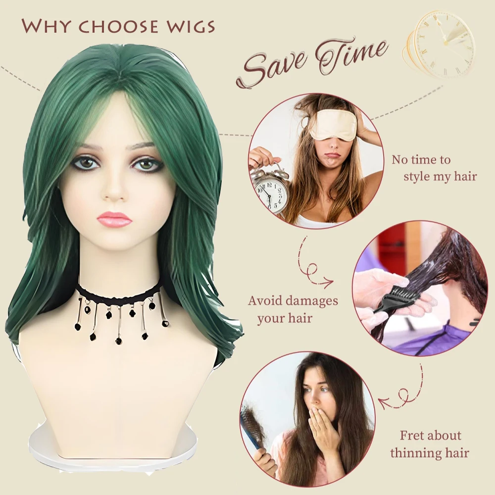 Peruca Sintética Verde de Alta Qualidade de 19 Polegadas com Camadas Onduladas, Adequada para Uso Diário, Festas e Cosplay, Natural e Resistente ao Calor