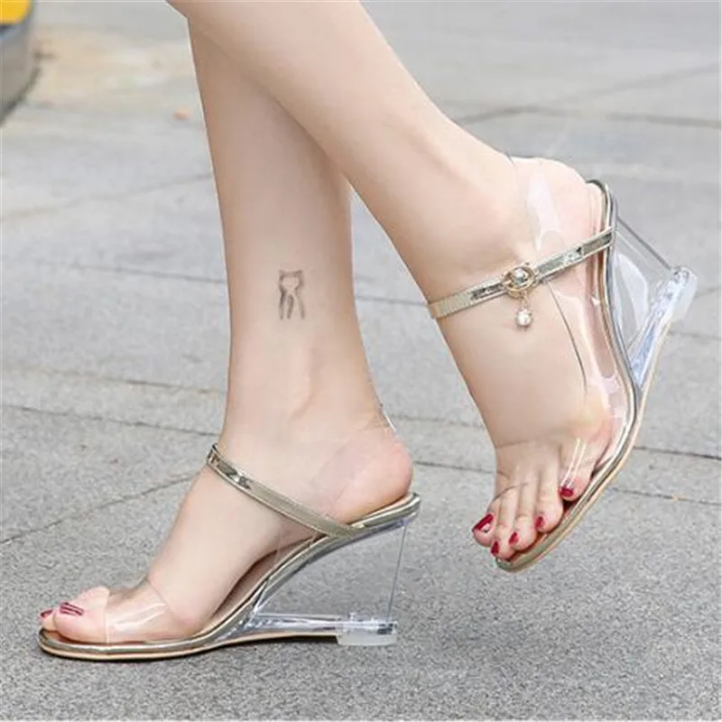 

Fashion Summer New Women's Transparent PVC Open Toe Jelly Sandals Sexy Crystal Wedge Heels Gladiator Sandals Sandalias Mujer